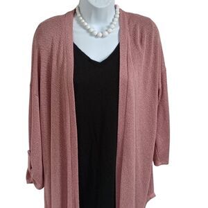 Women's Large Pink Rose Loose Fitted Open Front Knitted Cardigan Roll Up Sleeves